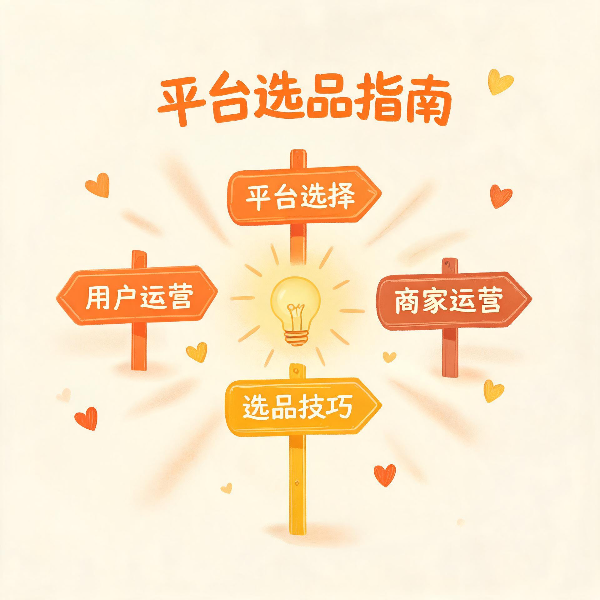 暖色调手绘风格,四个不同样式的路牌指向不同方向,中心有发光灯泡,搭配柔和阳光装饰,呈现中小商家平台选择的指引主题
