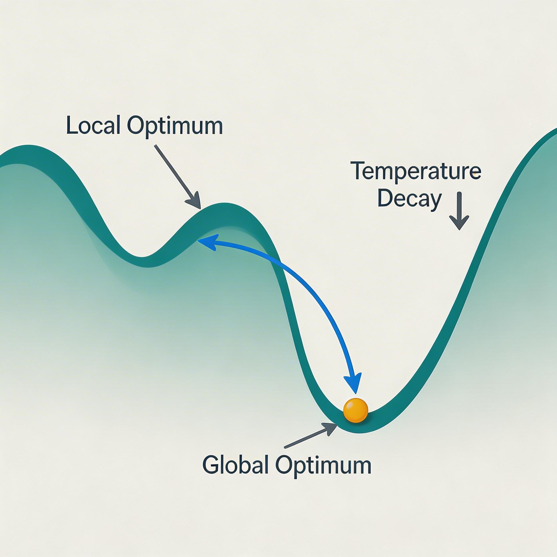模拟退火算法原理示意图：能量景观与粒子运动