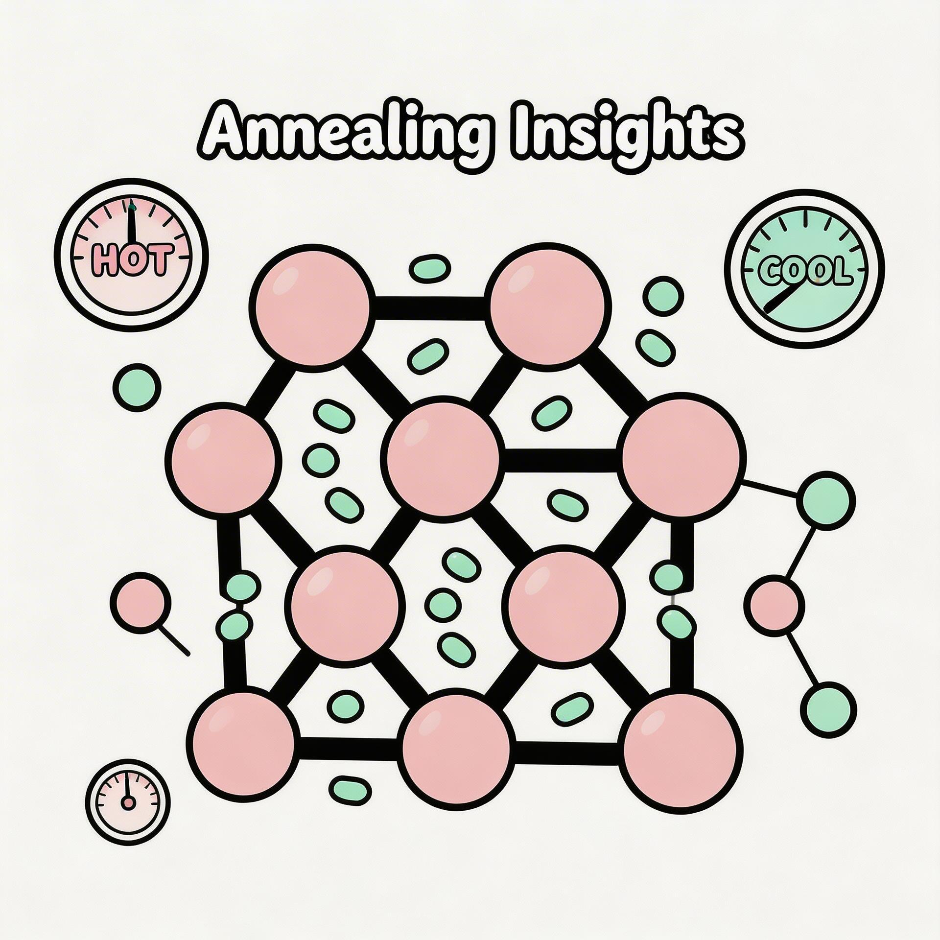 发光晶格与动态粒子的可爱涂鸦封面，象征模拟退火算法