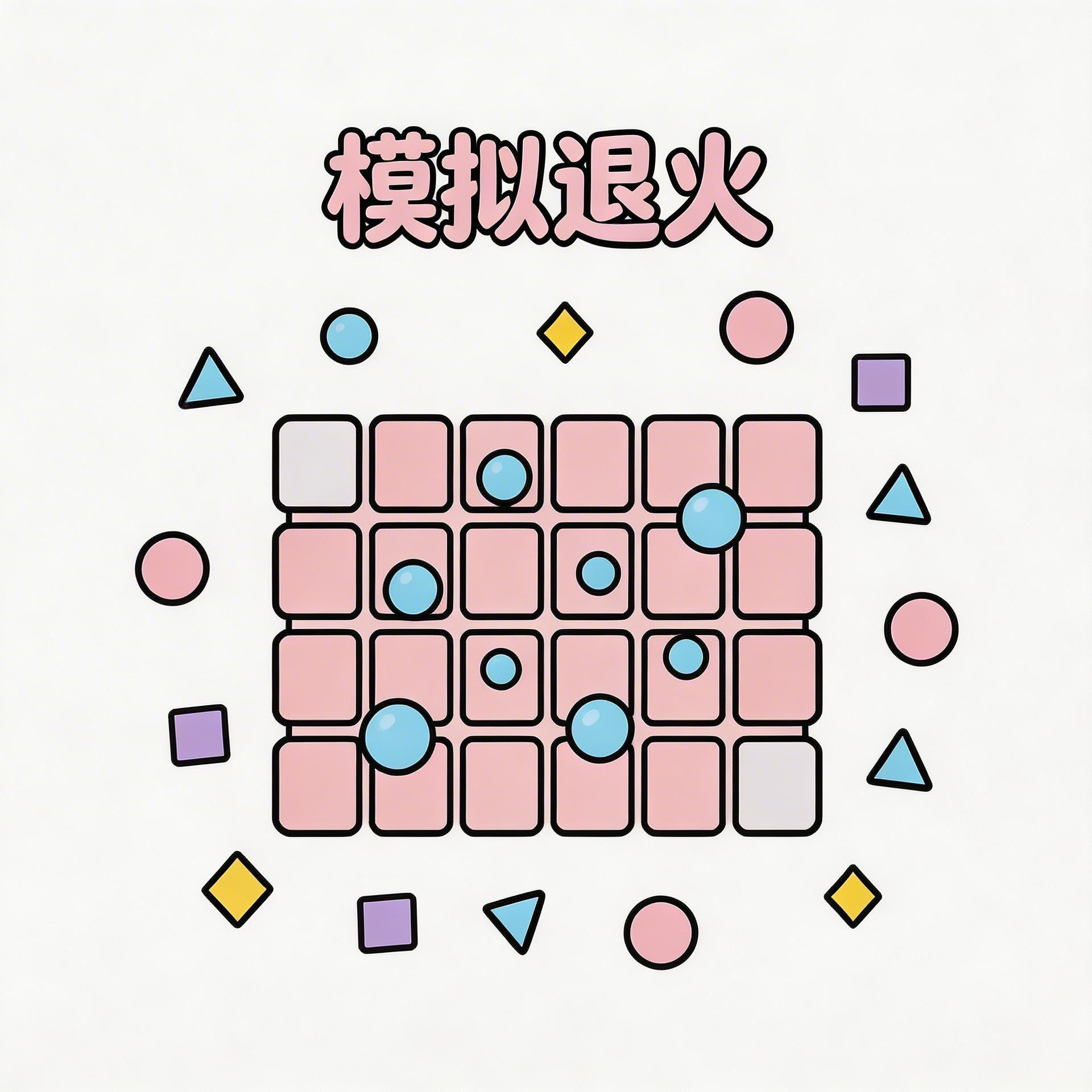 发光晶格与动态粒子的可爱涂鸦封面，象征模拟退火算法