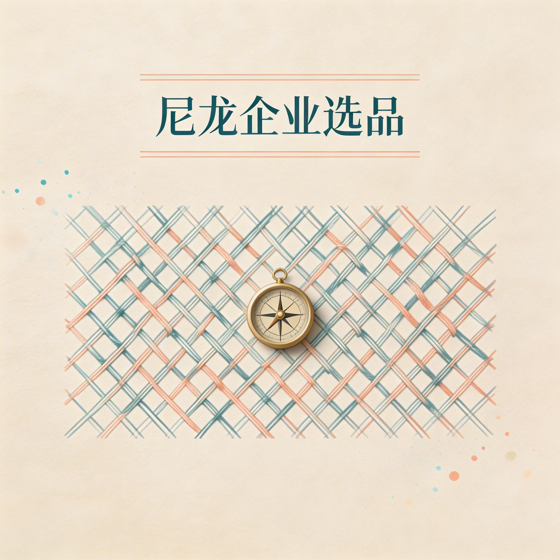 暖米色背景，中心是交织纤维造型与金色罗盘，上方配有'尼龙企业选品'标题的精致专业封面